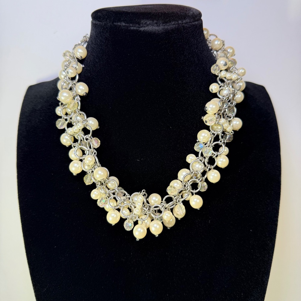 Chunky Faux Pearl and Crystal‎ Cluster Statement Necklace Silver Tone Adjustable
